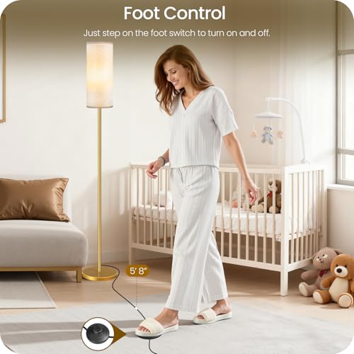 Image of Set of 2 Dimmable Floor Lamps for Living Room with 2 Remotes and Foot Switch, Modern Standing Tall Lamp, Corner Lamp for Bedroom, Bulb Included, 3000K-6500K, Beige and Gold DE06LDP205W1