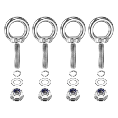 Image of PATIKIL M8 x 35mm Shoulder Eye Bolt, 4 Pcs 304 Stainless Steel Lifting Ring Threaded Eye Bolt with Flange Lock Nuts Spring and Flat Washers for Hanging Tie Down Straps Outdoor Indoor