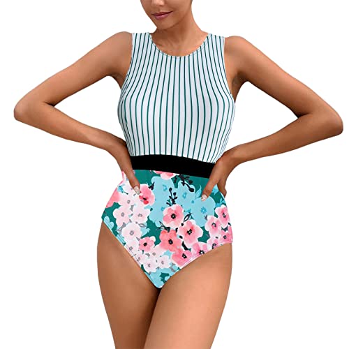 Kviklo Traje de baño de mujer sexy escote de cintura alta con nudo frontal halter traje de baño con estampado a rayas traje de baño bikini surf damas, Rosa., XL