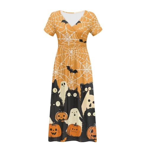 Image of Women's Fall Summer Short Sleeve Ankle Length V-Neck Party Dress with Pockets Size S-3XL