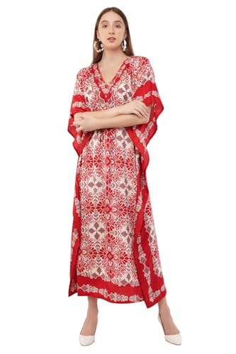 Image of Shah Crafts. Women Kaftan Dresses Kimono Tunic Long Ladies Beach Cover Up Night Gown Maxi Top Evening Dress Plus Size Caftan Color-Red 3/4 Sleeve