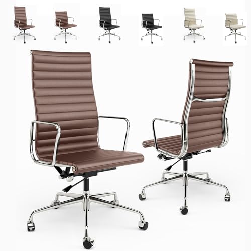 OTDMEL Ribbed Office Chair Top Grain Leather Desk Chair High Back Genuine Leather Swivel Chairs with Aluminum Alloy Arms & Base, with Silent Nylon Wheels, High Adjustable and Tilting Function, Brown