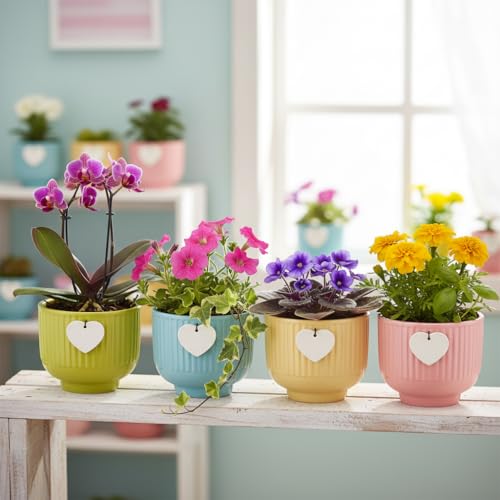 Image of Xtore Charming Pastel Ceramic Planter Set of 4 with Hanging Heart Accent | Ribbed Textured Indoor Pots for Succulents, Desk, Shelf & Home Decor (Pack of 4, Planters only)