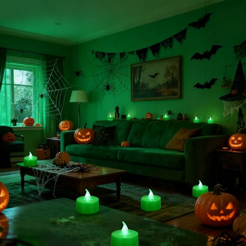 Image of KOABY 12 Pack Green Light Flameless Tea Lights, Green Base, Last 100H | for Decor