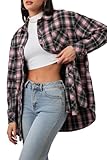 CHYRII Womens Button Down Flannel Shirts Long Sleeve Plaid Shacket Business Casual Blouse Tops 7157-Black+Pink XL