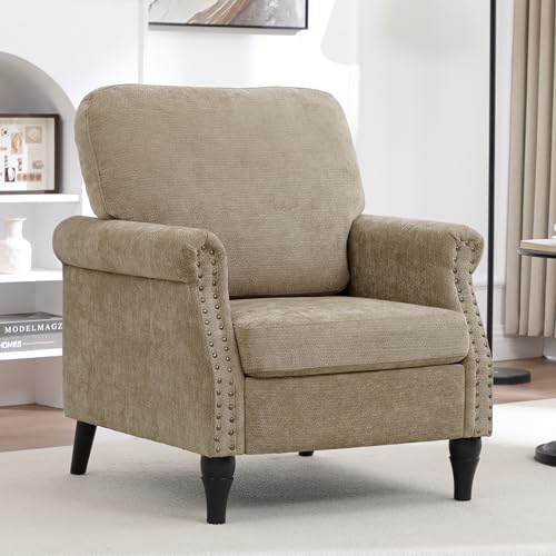 Image of Accent Chair for Living Room, Modern Mid Century Reading Chair Armchair High Back Upholstered Armchair with Wooden Legs for Living Room Bedroom Office (Brown, 1pcs)