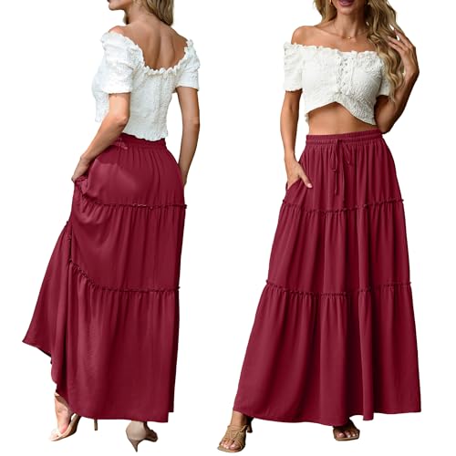 Image of Lepunuo Womens Casual Boho High Waisted Flowy Maxi Skirts Tiered Floral Long Skirts with Pockets for Summer Beach Vacation