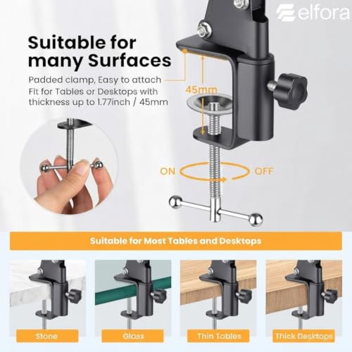 Elfora Adjustable Overhead Mobile Phone Holder with Long Arm for Video Recording, Streaming, Office Use, Cooking, Crafting Videos Compatible with Devices Up to 4-7 Inches (Black) - Image 6