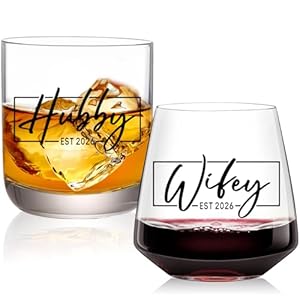comfit Wedding Gifts for Couples 2026,Hubby & Wifey Wine&Whiskey Glass Set,Bridal Shower Gifts for Bride and Groom, Newly-Married Gifts for Him and Her，Mr and Mrs Gifts,His and Hers Glass