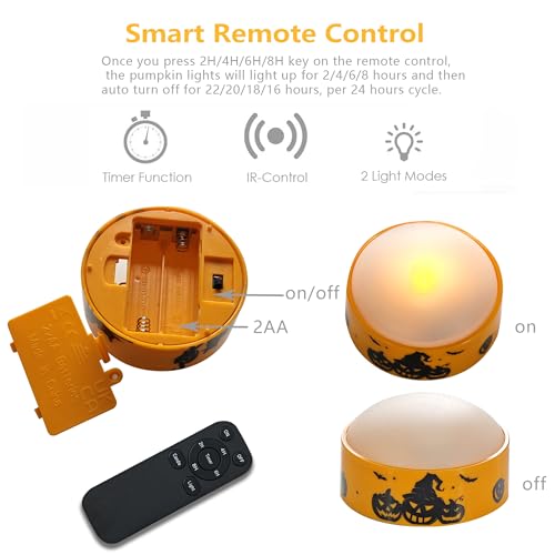 Image of 6 Halloween Battery LED Jack-O-Lantern Pumpkin Lights with Remote Decals | CANDLE CHOICE Battery Operated Flameless Candles with Remote and Timer for Halloween Pumpkin Decoration Orange Color 6 Pack