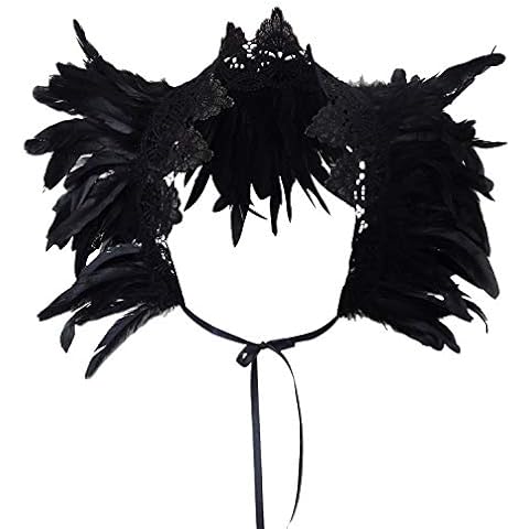keland Women's Black Real Feather Shrug Cape Shoulder Wrap Lace Collar Halloween Costumes (Black-A) Cover