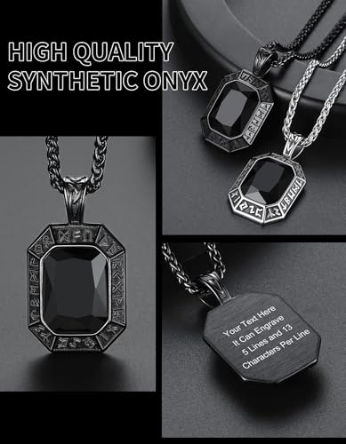 Image of ChainsHouse Viking Rune Pendant Necklace for Men Women, Punk Biker Black Metal /316L Stainless Steel Onyx Norse Vintage Amulet Necklaces with Black /Red /Green /Blue Gemstone, Send Gift Box
