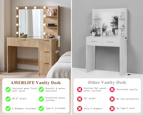 Image of AMERLIFE 36.2 inch Fluted Vanity Desk with Mirror and Adjustable LED Lights, Large 4 Drawers Makeup Table with Glass Top and Charging Station for Women and Girls, Bedroom or Dorm, Natural Oak