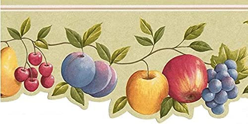 CONCORD WALLCOVERINGS ™ Wallpaper Border Fruit Vine Pattern Apple Pear Plums Grape Leaves for Kitchen Living Room, Green Purple Yellow Red, 4.75 Inches by 15 Feet CO77190DC