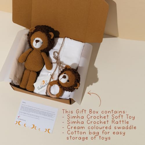 Image of Newborn Gift Set | Crochet Toy, Rattle & Muslin Swaddle Combo | Newborn Gift | Gifting for Babies | 100% Muslin swaddlecloth | Toy for Gifting| 3 Months + (SIMHA Toy & Rattle with Swaddle)