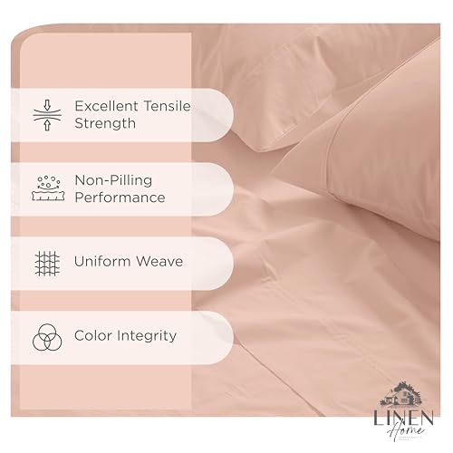 Image of Linen Home 100% Cotton Percale Sheets Full Size, Brushed Rose, Deep Pocket, 4 Pieces Set - 1 Flat, 1 Deep Pocket Fitted Sheet and 2 Pillowcases, Crisp Cool and Strong Bed Linen
