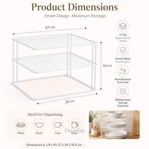 Image of Decorlay 3-Tier Kitchen Plate Rack Metal Dish Organizer | Space Saving Bartan Stand for Plates, Bowls, Cups & Utensils | Countertop Storage Rack | White