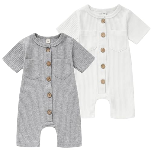 Image of TITKKOP Newborn Baby Boy Girl Clothes 2 Pack Solid Romper Short Sleeve One-Piece Jumpsuits Outfits Sets