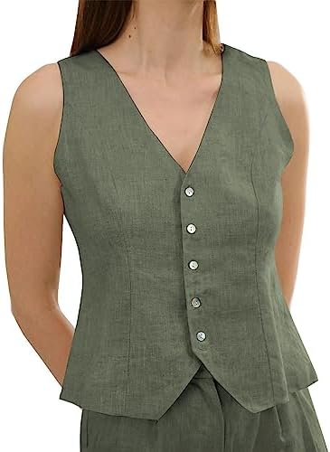 Amazhiyu Pure Linen Sleeveless Vest for Women Button Down V