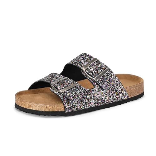 mysoft Womens Slide Sandals Cork Footbed，2 Straps Adjustable Buckle Slip on Sandals with +Comfort Arch Support