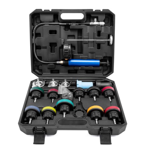 CXPRO 21pc Coolant Pressure Tester Kit 15 Radiator Adapters & Wrench with Vacuum Pump & Probe Thermometer for Automotive Cooling System Pressure Tester Kit