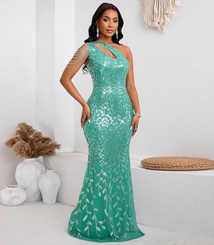 Image of Cololura Women Sequin Elegant Sexy One Shoulder Tassel Mermaid Bodycon Cocktail Evening Dress