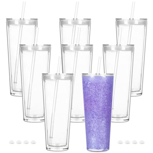 Cosictic 24 OZ Reusable Acrylic Snow Globe Tumbler with Pre Drilled Hole Plastic Double Wall Snowglobe Tumbler with Clear Lid and Straw 8 Pack