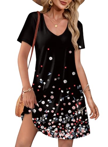 OFEEFAN Summer Dresses for Women 2026 V Neck Short Sleeve Tee Shirts Dress with Pockets Beach Vacation Essentials Fashion Sundresses with Pockets Floral 15 L