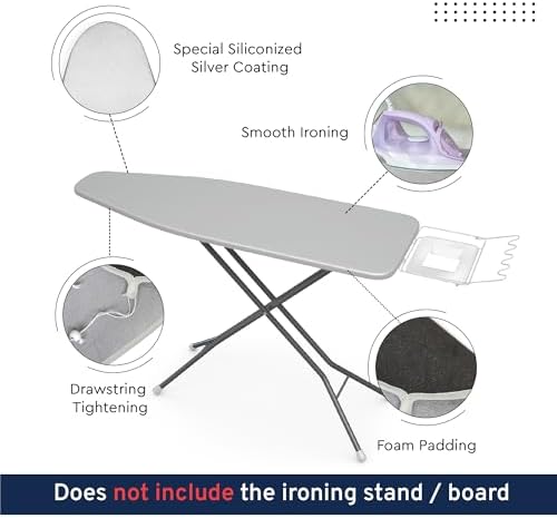 Encasa XO Replacement Ironing Board Cover & Foam Pad, Heat Reflective 'Metallic Silver Silicone', Drawstring Tightening (Fits Standard Large Boards of 54"x15") Scorch & Stain Resistant - 2