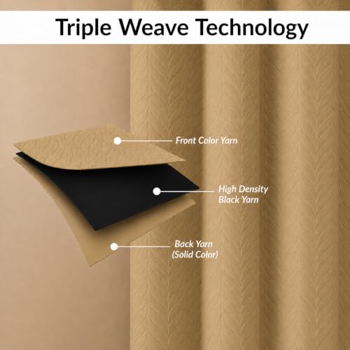 Image of LINENWALAS 100% True Blackout Door Curtains 7.5 Feet Long Set of 2 |Embossed Herringbone Leaf Design |Room Darkening Curtain |Thermal Insulated Curtains for Living Room (7.5 Feet, Golden Beige)
