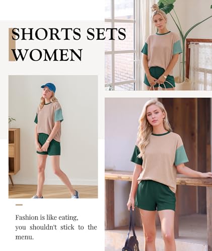Image of MARZXIN Women 2 Piece Shorts Set 2026 Casual Summer Cruise Outfits Ribbed Loose Short Sleeve Pocket Matching Lounge Sets