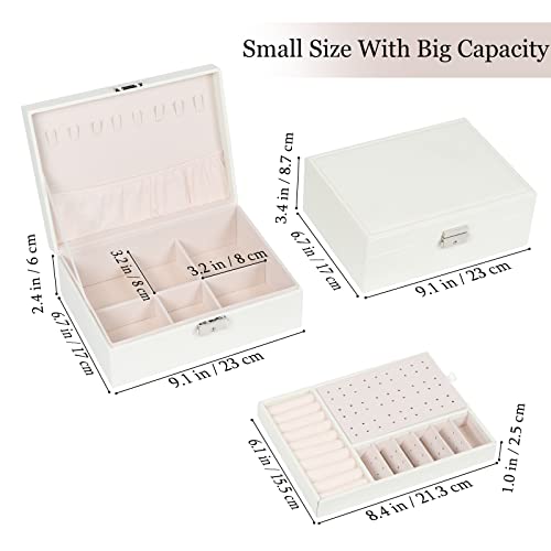 Jewelry Box for Women Girls,2 Layers Jewelry Organizer Container with Lock,PU Leather Storage Case with Removable Tray,Jewlwey Display Holder for Necklaces Earrings Bracelets Rings Watches - White - Image 3