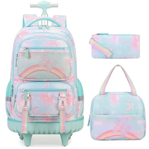 Scothen Rolling Backpack for Girls, 3PCS Roller School Backpacks for Girls with Lunch Bag and Pencil Pouch, Kids Bookbag Schoolbag with Wheels for Teen Girl Kindergarten Elementary Middle School