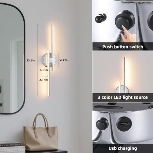 Image of Rechargeable Battery Operated Wall Sconce Set Of Two, Chrome Wireless LED Wall Sconces With Remote Control, Dimmable 3 Colors Cordless wall lights for Living Room, bedroom, Hallway, 23.6 Inch ( 2pcs)