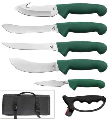 MIYAKE Deer Hunting Knife Set, 7pcs Field Dressing Kit Edge Game Processing Knife Kit, Hunting Gear with Sheath, Sharpener, Butcher Knife, Gut Hook Skinning, Boning, Fillet Knives