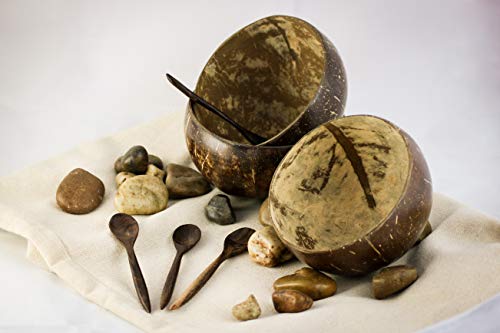 VIE Kokosnuss Schüsseln und Löffel Set, Schwarz, 2er - 5