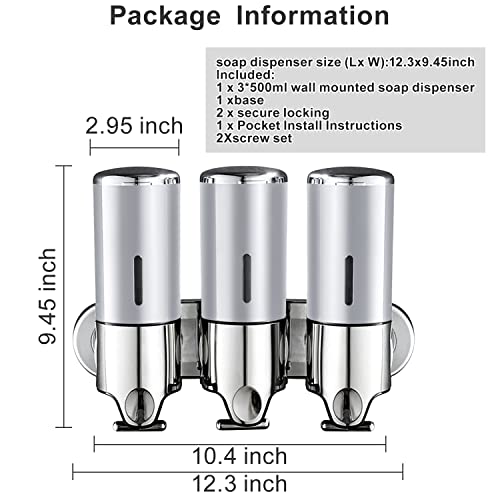 prosfalt 3 in 1 Chamber Wall Mounted Bathroom Shower Pump Dispenser and Organizer-Holds Shampoo, Soap, Conditioner, Shower Gel, for Bathroom Kitchen Hotel (Silver)