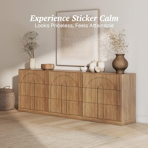 Image of BELLEZE Sideboard Cabinet with 3 Drawers, Set of 3 Modern Wood Buffet Cabinet with Arc Design, Large Fluted Sideboard with Storage for Kitchen Living Room Entryway, Camel