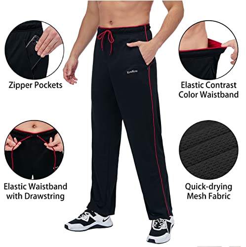 Koukou Men's Sweatpants With Zipper Pockets Open Bottom Athletic Pants For Men Running Jogging Workout Gym Black Red-M #TOP2