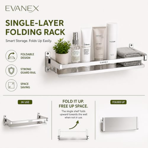 Image of EVANEX Folding Shelf for Bathroom 304 Grade Stainless Steel Bathroom Racks and Shelves Wall Mounted Single Layer Multipurpose Shelf Bathroom Accessories Set