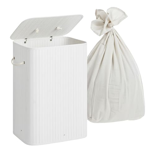 Relaxdays Cesto De Ropa Sucia Con Tapa En Bambú, Plegable, 80 L, 60x40x30 Cm, Blanco