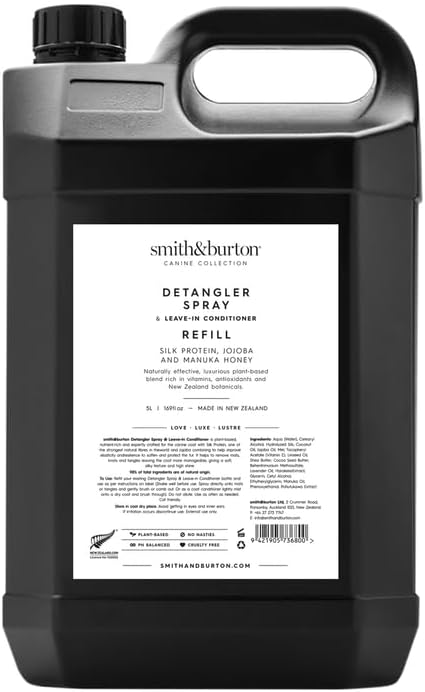 smith&burton Detangler Spray & Leave-in Conditioner Refill, for Dogs & Cats - 1.32 gal (169 fl.oz). Silk Protein, Jojoba & Manuka Honey. Luxurious and Naturally Effective, No Nasties