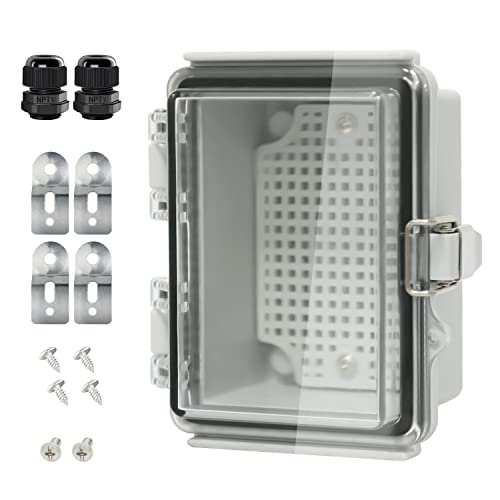 Lemotech Electrical Box, Ip67 Waterproof Hinged Clear Cover Stainless Steel Latch Junction Box, Abs Plastic Electrical Enclosure With Mounting Plate,Wall Brackets, Cable Glands,4.7"X3.5"X2.7",Grey #TOP6