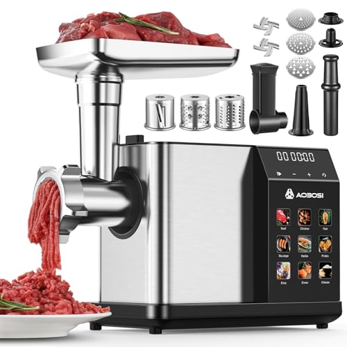 AAOBOSI Multifunctional Digital Meat Grinder Electric 3000W Max w/ 9 Touch Screen Presets, Auto-Reverse & Built-in Storage -Grinding, Sausage & Kibbe & Grate Cheese Making for Home Use