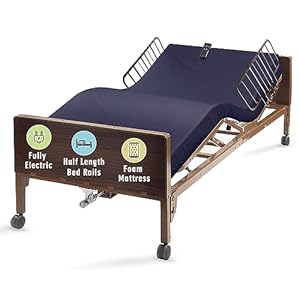 Full Electric Hospital Bed with Premium Mattress and Rails Included – for Home Care Medical Facilities – Fully Adjustable, Hand Pendant – 80″ x 36″ (80″ x 36″ Standard with Half Rails, Foam Mattress)