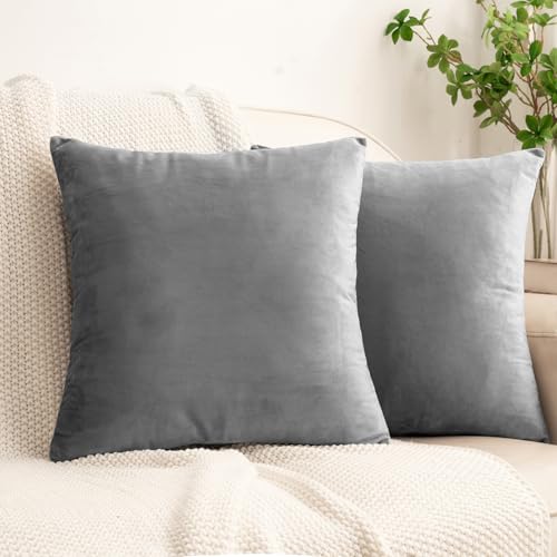 HWY 50 Gray Grey Velvet Throw Pillow Covers 18x18 Inch, Pack of 2 Soft Cozy Solid Decorative Luxury Cushion Cases for Couch Sofa Bed Living Room Bedroom