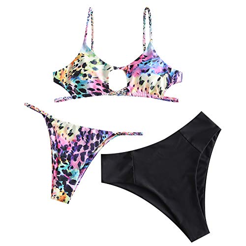 ZAFUL Women's Cutout Spaghetti Strap Lace Up Ribbed Cami Bikini Set Swimsuit (3 Piece-Multi, M)