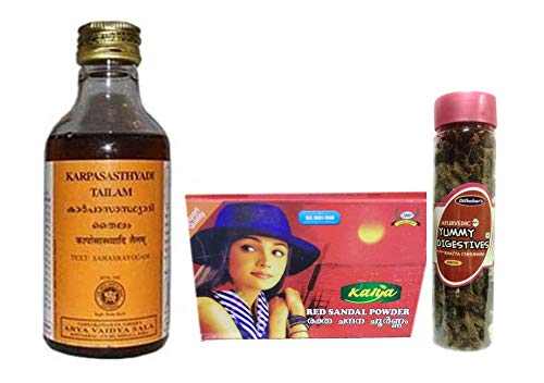 Arya Vaidya Sala Karpasasthyadi Tailam - 200ML, With Free Dilbahars Yummy Digestives Khatta Mitha Chhuhara 90gm & Kalya Red Sandal Powder - Skin Care Powder 25 Gm