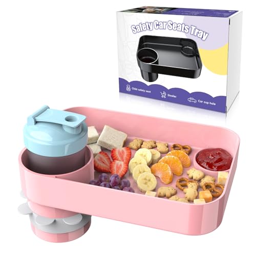 Car Seat Snack Tray for Kids Mess-Free Square Travel Tray Cup Holder Snack Tray Durable Car Food Tray for Toddlers Universal Fit Kids Travel Road Trip Essentials (1 Pink)