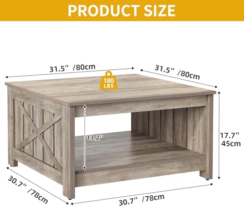 DWVO Square Coffee Tables for Living Room Farmhouse Coffee Table with Storage, 2-Tier Wood Center Table with Half Open Storage Compartment for Home Decor, Office, Rustic Grey
